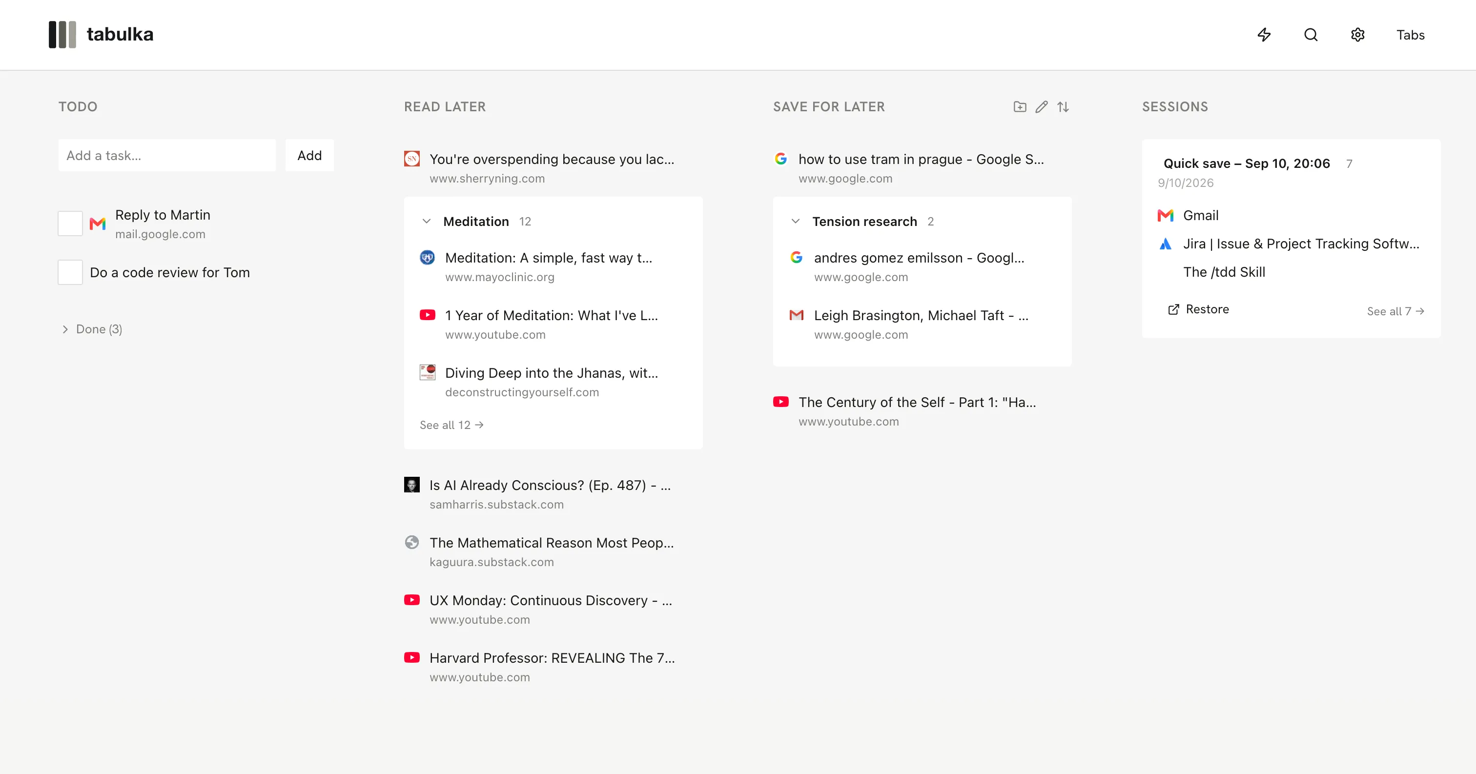 The Tabulka Chrome tab manager workspace: four columns for Todo, Read later, Save for later, and saved browser sessions.